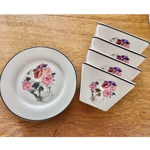 SET of 4 Plates and 4 Snack Bowls Ciroa Wicked Skull and Flowers